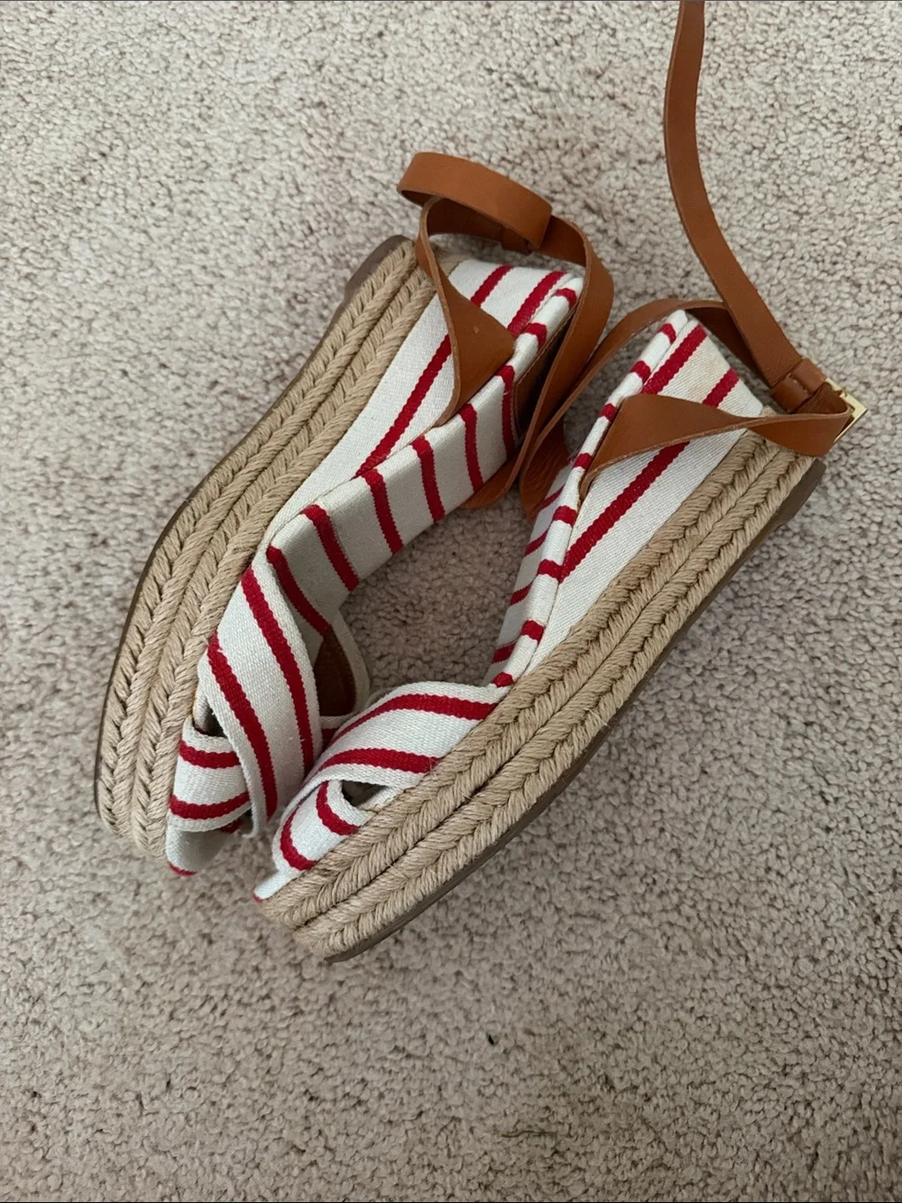 Tory Burch Red and White Striped Espadrille Wedge Sandals with Tan Ankle Strap